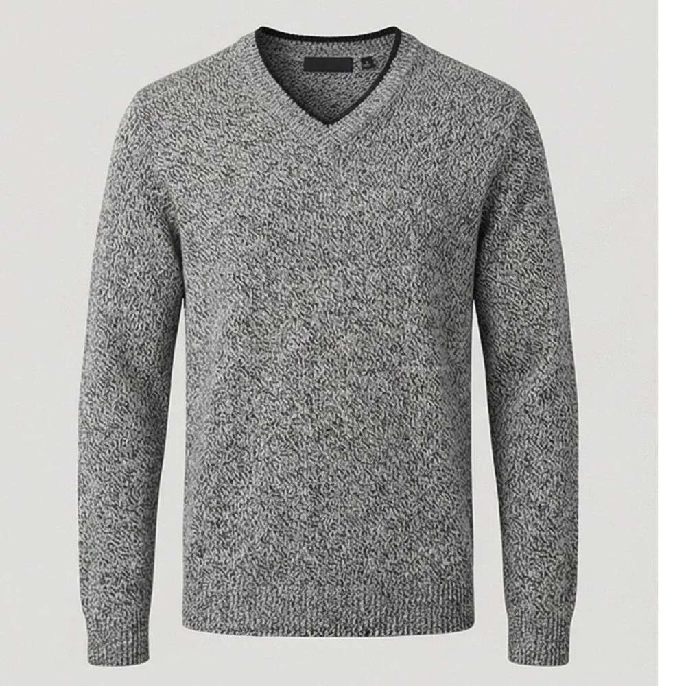 Metropolitan View Mens L V-Neck Wool Blend‎ Sweater Gray Black Marl Italian Yarn